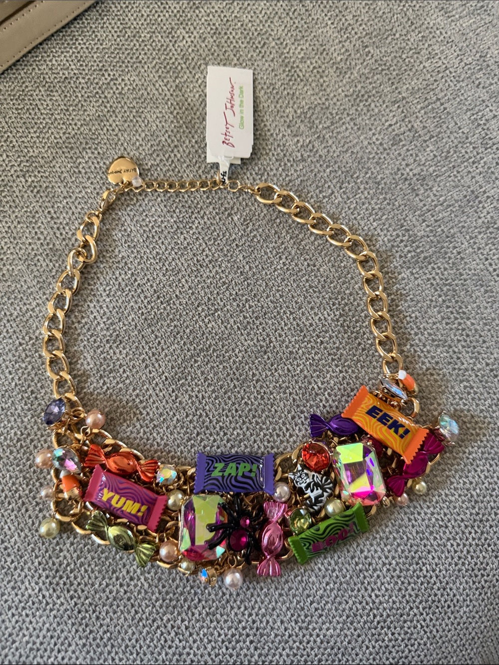 Betsey Johnson Gold-Tone Multi-Color Candy Charm Necklace glow in the dark